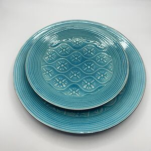 Vintage Set Pier 1 Turquoise Plate Crackle Pattern Stoneware Salad 8.5” And 11”